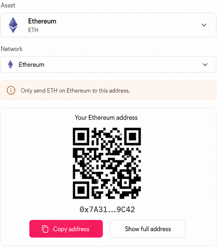 BRD Wallet Receive screen showing Ethereum network context, a QR code, and address controls.