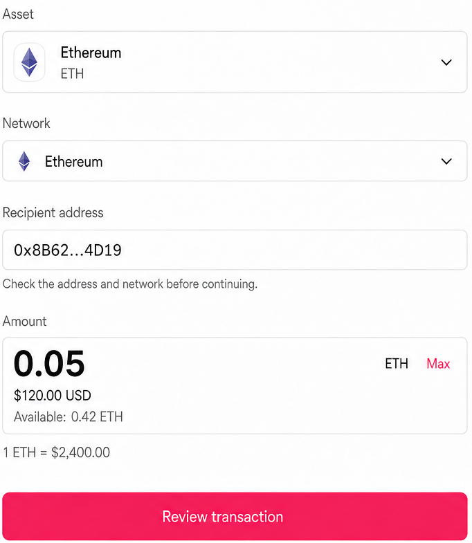 BRD Wallet Send screen showing Ethereum network context, recipient review, amount, and available balance.